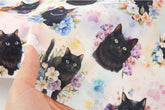 Flower Black Cat Kitten Patterned Fabric made in Korea by the Half Yard
