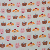 かわいいクマ、ウサギ、犬の顔柄の40年代生地、韓国製、ヤード単位、36インチ x 58インチまたは90 x 145cm