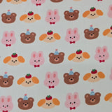 かわいいクマ、ウサギ、犬の顔柄の40年代生地、韓国製、ヤード単位、36インチ x 58インチまたは90 x 145cm