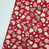 Christmas Sweets Wreath Santa Cookies Red Patterned 40s Fabric made in Korea by the Yard 36" x 58" or 90 x 145cm