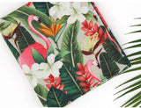 トロピカルな葉、花、ハイビスカス、プルメリア、フラミンゴ柄の生地(半ヤード)