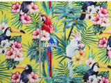 熱帯の葉、花、鳥、オウム、オオハシ柄の生地(韓国製、半ヤード単位)