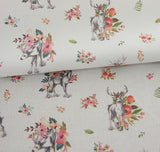 Flowers Deer Patterned Fabric, Cute, Kids, Sewing, Quilt made in Korea by Half Yard