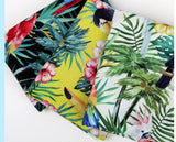 熱帯の葉、花、鳥、オウム、オオハシ柄の生地(韓国製、半ヤード単位)
