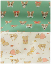 ウェルシュ・コーギー犬の子犬柄の生地、韓国製、半ヤード単位