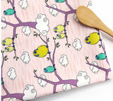 韓国製の鳥、木、雲のプリント生地(半ヤード単位)