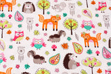 ウッドランドフレンズの鹿、ハリネズミ、フクロウ、リス、アライグマの生地、ロリポップレインボー、ハーフヤード