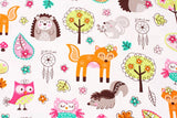 ウッドランドフレンズの鹿、ハリネズミ、フクロウ、リス、アライグマの生地、ロリポップレインボー、ハーフヤード