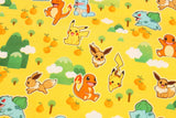 ポケットモンスター、ポケモン、オレンジ色のピカチュウ、フシギダネ、ヒトカゲ、ゼニガメのライセンス生地、韓国製、半ヤード単位