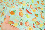 アップル、キウイ、アボカド、チェリー、スイカのフルーツ柄のOEKO-TEX®生地、韓国製、半ヤード単位