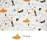 魚、潜水艦、アカエイ、海洋物語柄の生地(韓国製、半ヤード単位)