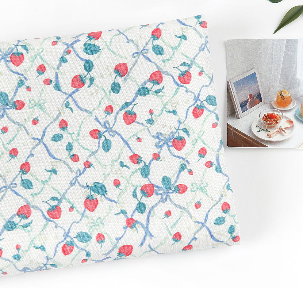 Ribbon Strawberry Trellis Patterned Fabric DTP printed in Korea by the Half Yard