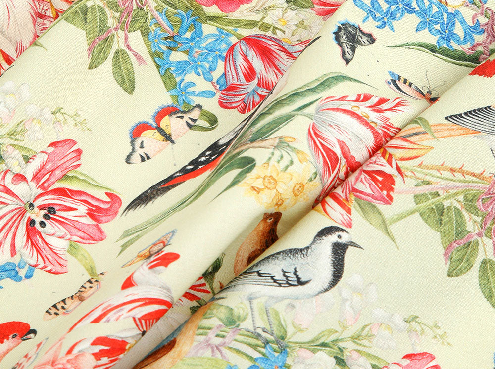 Flower & Birds Thrush Robin  Patterned Fabric Cotton made in Korea by the Half Yard