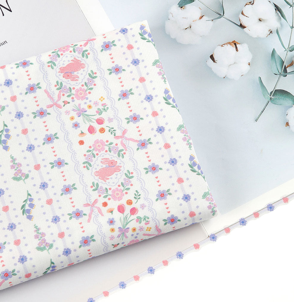 Rabbit Bunny Flower Stripe Patterned Fabric DTP printed  in Korea by the Half Yard