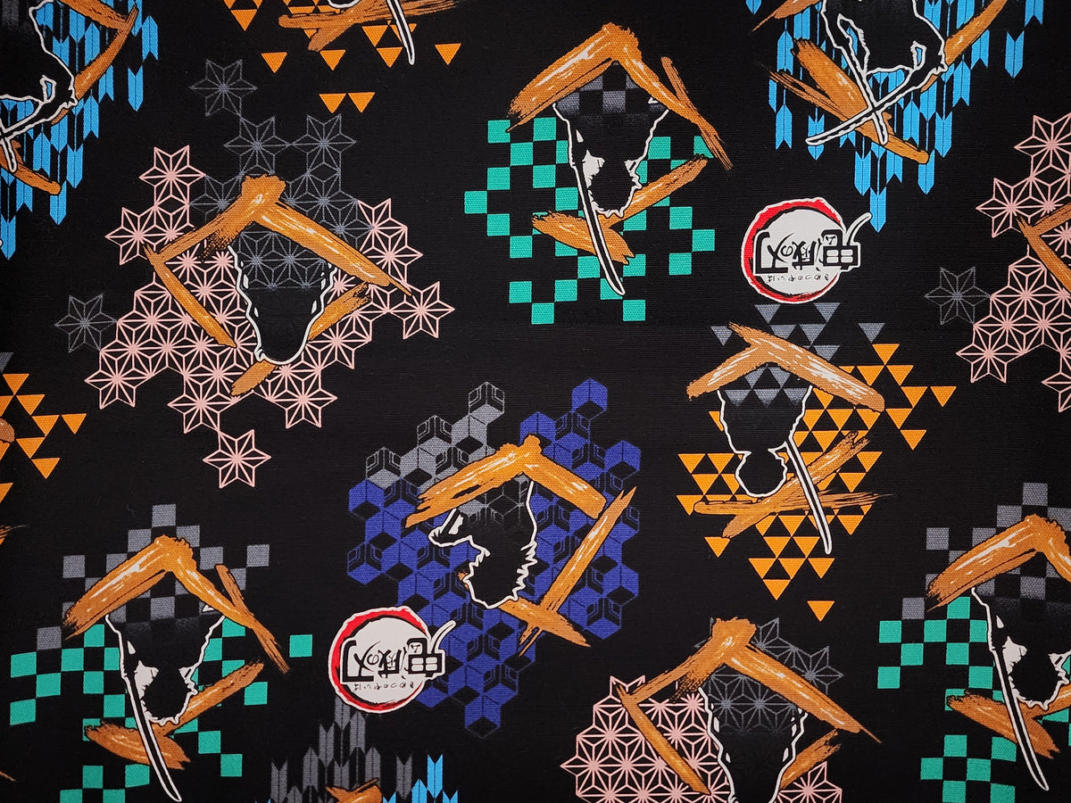 鬼滅の刃の短冊サムライアニメオックスフォード生地（日本製、半ヤード単位）