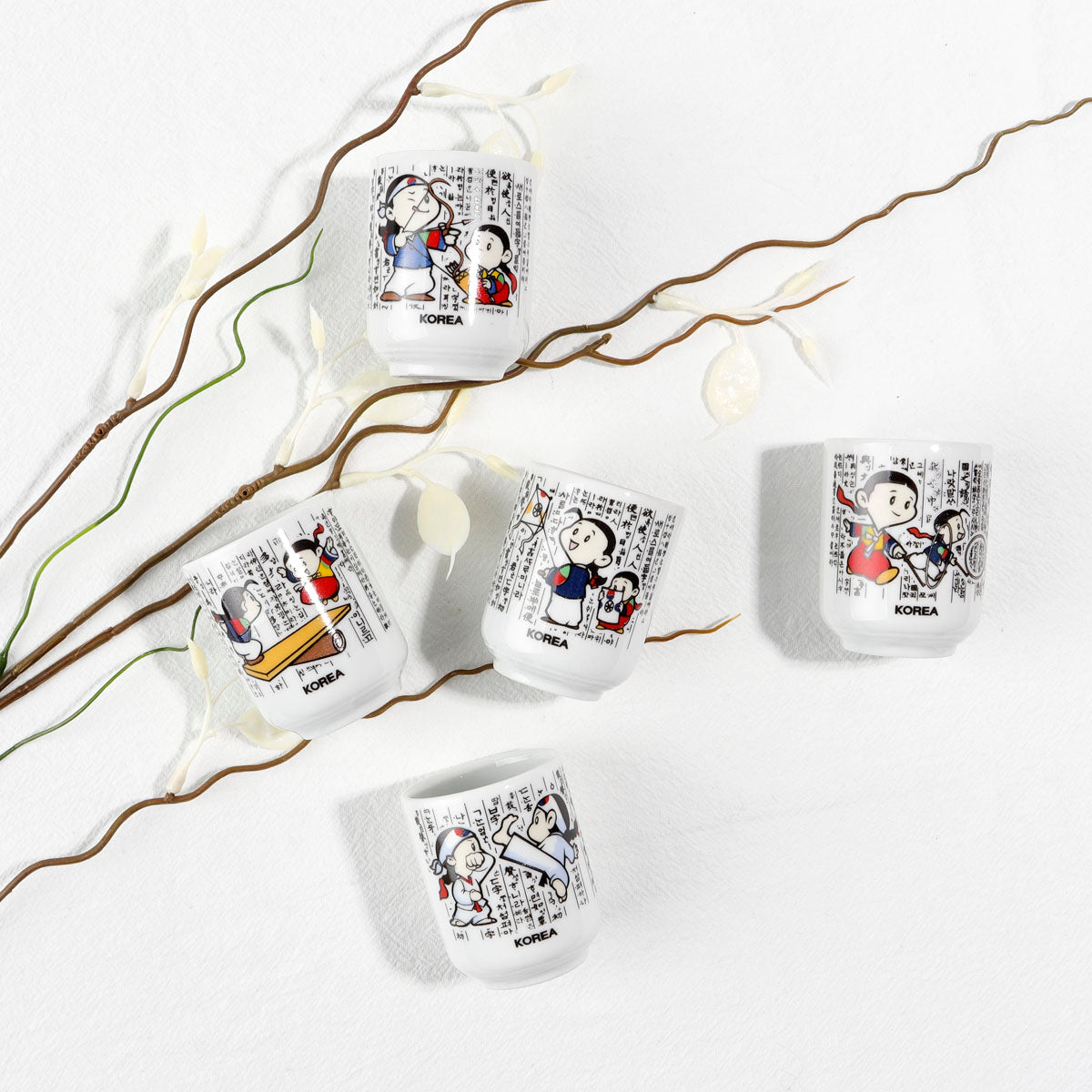 Korean Traditional Soju Shot Glasses Hangul Hunminjeongeum Pattern Set of 5