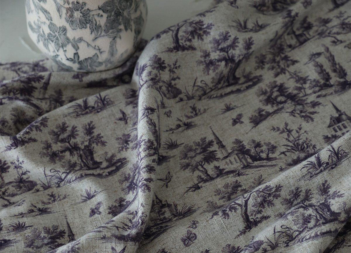 Toile de Jouy Patterned Washed Cotton Jute Fabric made in Korea by the Yard 18" x 57" or 45 x 145cm