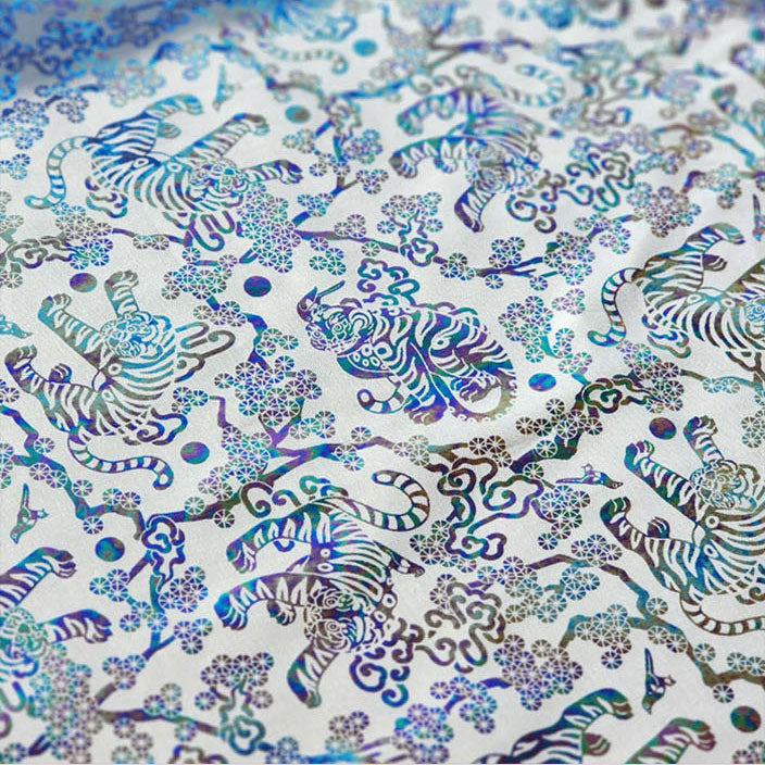 Korean Traditional Art 'Magpie Tiger' White Foil Finishing Patterned Cotton Fabric made in Korea by the Half Yard
