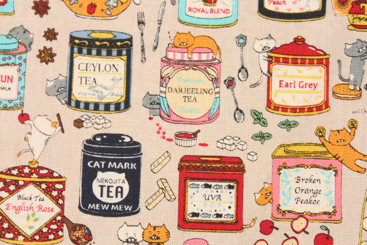 Kobayashi Cat Black Tea English Breakfast Patterned Japanese Fabric by the Half Yard