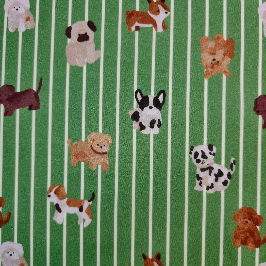 Green Stripe Dog Puppy Friends Patterned 40s Fabric made in Korea by the Yard 36" x 58" or 90 x 145cm