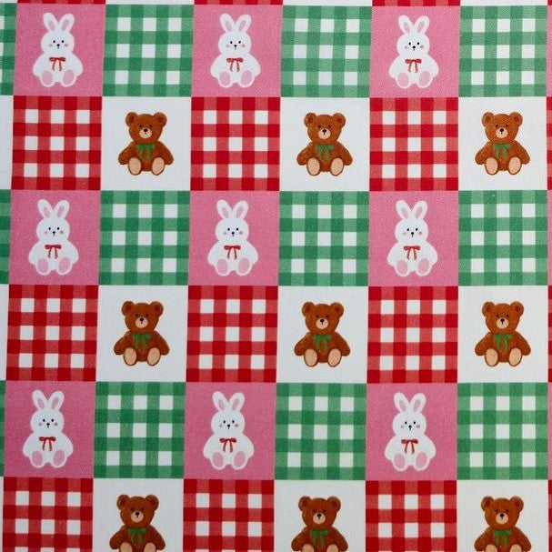 Lovely Teddy & Bunny Doll Green Red Check Patterned 40s Fabric made in Korea by the Yard 36" x 58" or 90 x 145cm