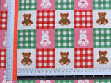 Lovely Teddy & Bunny Doll Green Red Check Patterned 40s Fabric made in Korea by the Yard 36" x 58" or 90 x 145cm