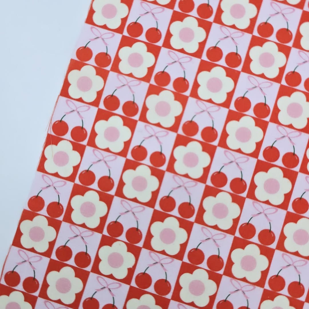 Cherry & Flower Square Patchwork 30s Cotton Fabric printed in Korea 36" x 57" 90cm x 145cm by the Yard