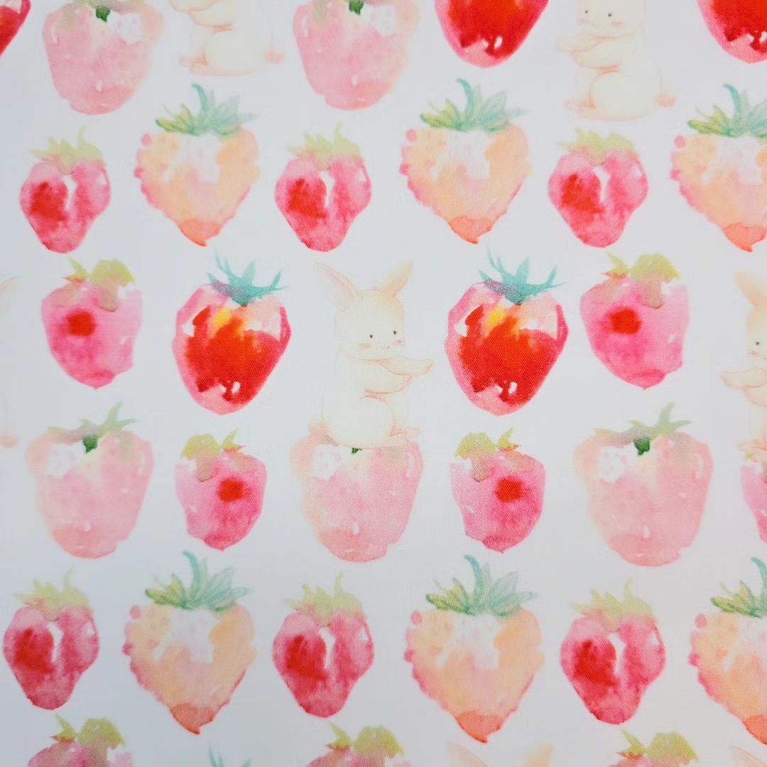 Watercolor Rabbit Strawberry Fruits Patterned 40s Fabric made in Korea by the Yard 36" x 58" or 90 x 145cm