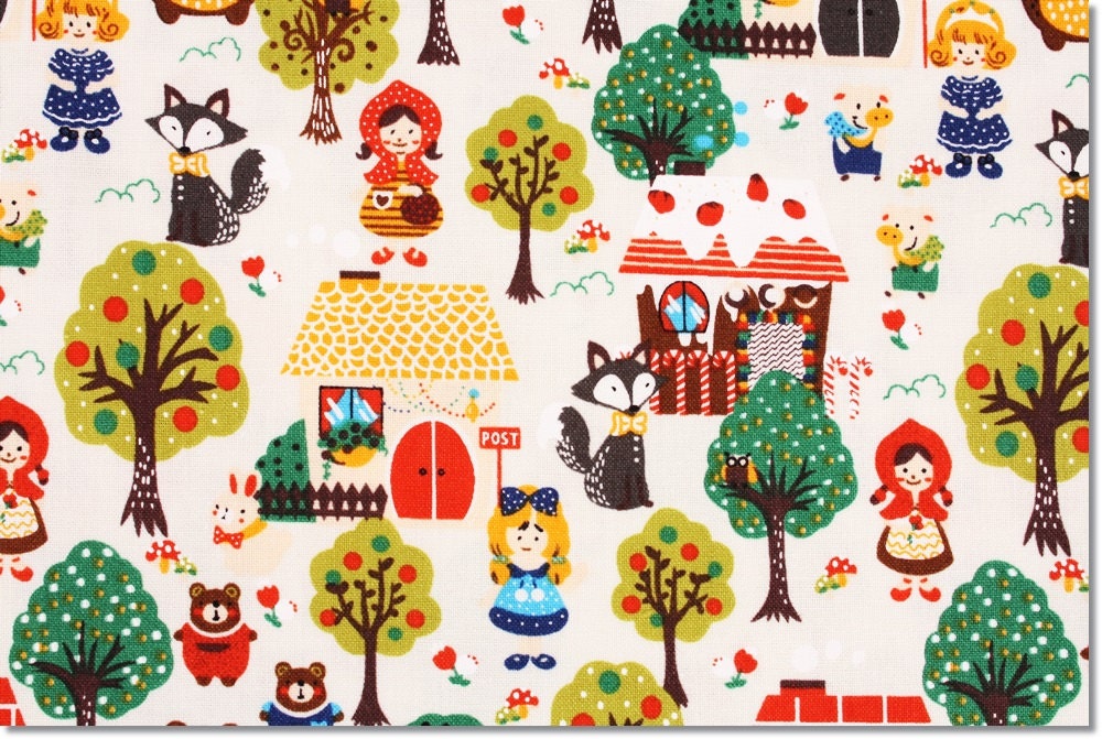 Little Red Riding Hood Girl, Fox, Bear and Pig Fabric, Fairy tale friends  made in Korea by the Half Yard