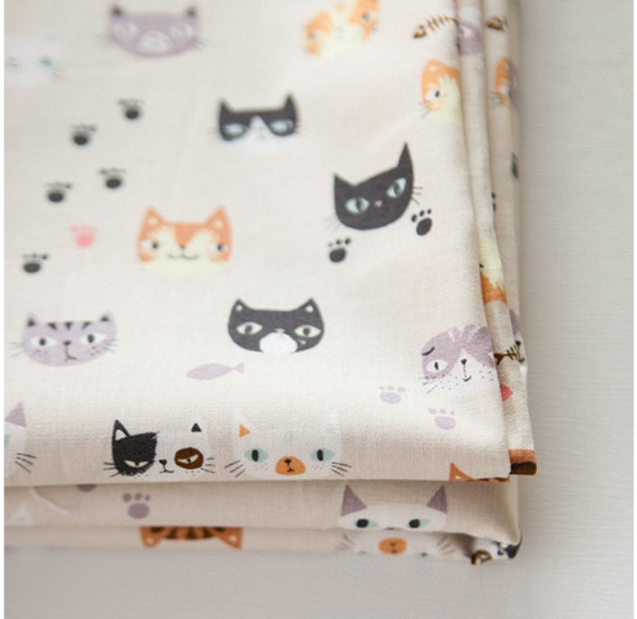 Cat Face Patterned Fabric, Cute, Kids, Sewing, Quilt made in Korea by the Half Yard