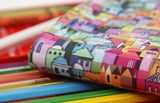 Colorful Village Patterned Fabric, Cute, Kids, Sewing, Quilt made in Korea by Half Yard