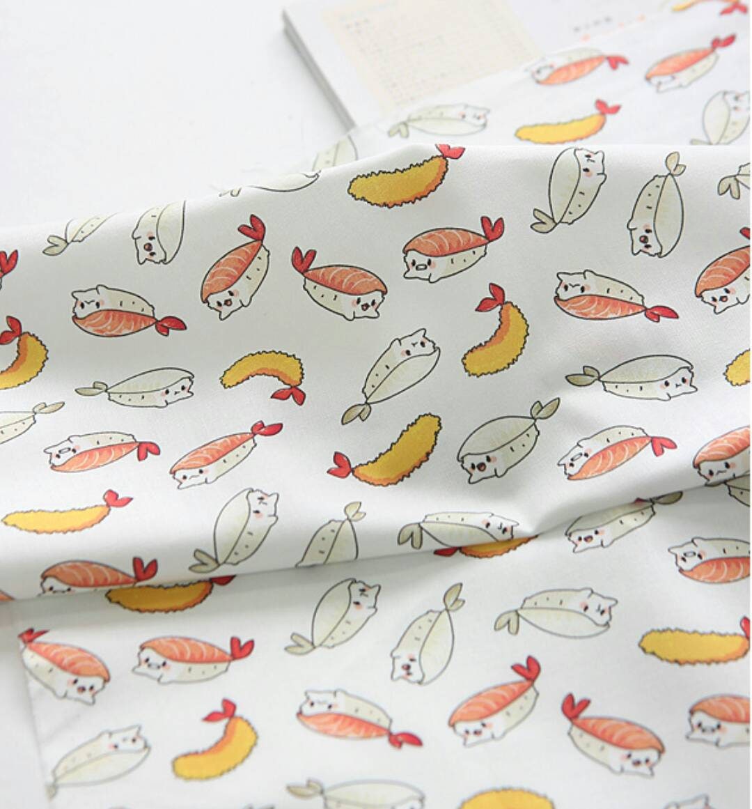 Egg & Shrimp Sushi Patterned Fabric, Cute, Kids, Sewing, Quilt made in Korea by Half Yard