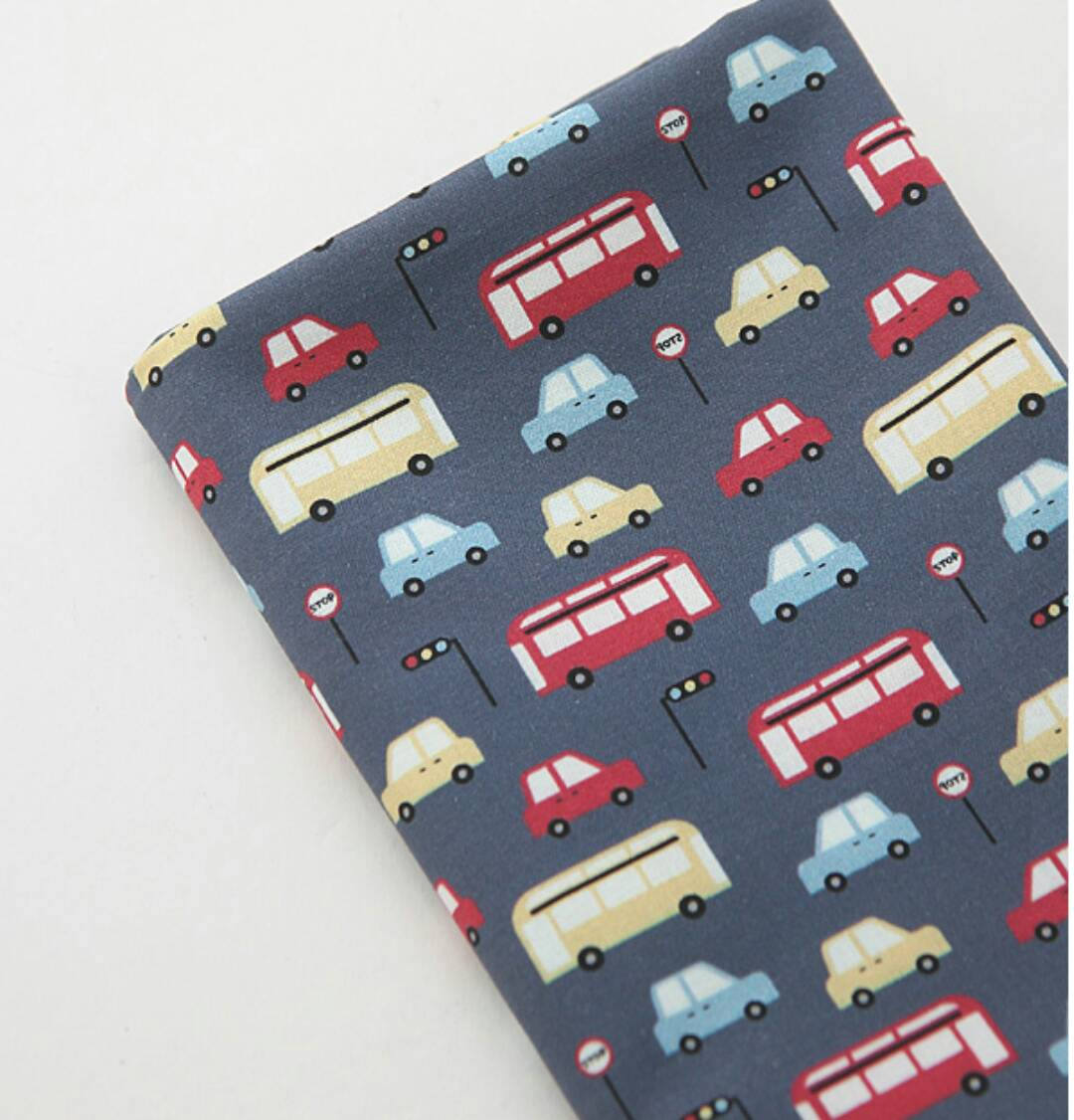 Cars Bus Traffic Sign Road Patterned Fabric, Cute, Kids, Sewing, Quilt made in Korea by Half Yard