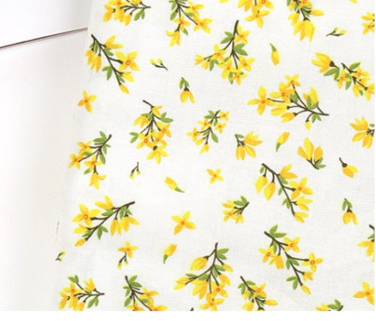 Watercolor Forsythia flowers Patterned Fabric made in Korea by the Half Yard