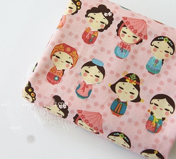 Girls in Korean Traditional Costume, Hanbok printed Fabric made in Korea by the Half Yard