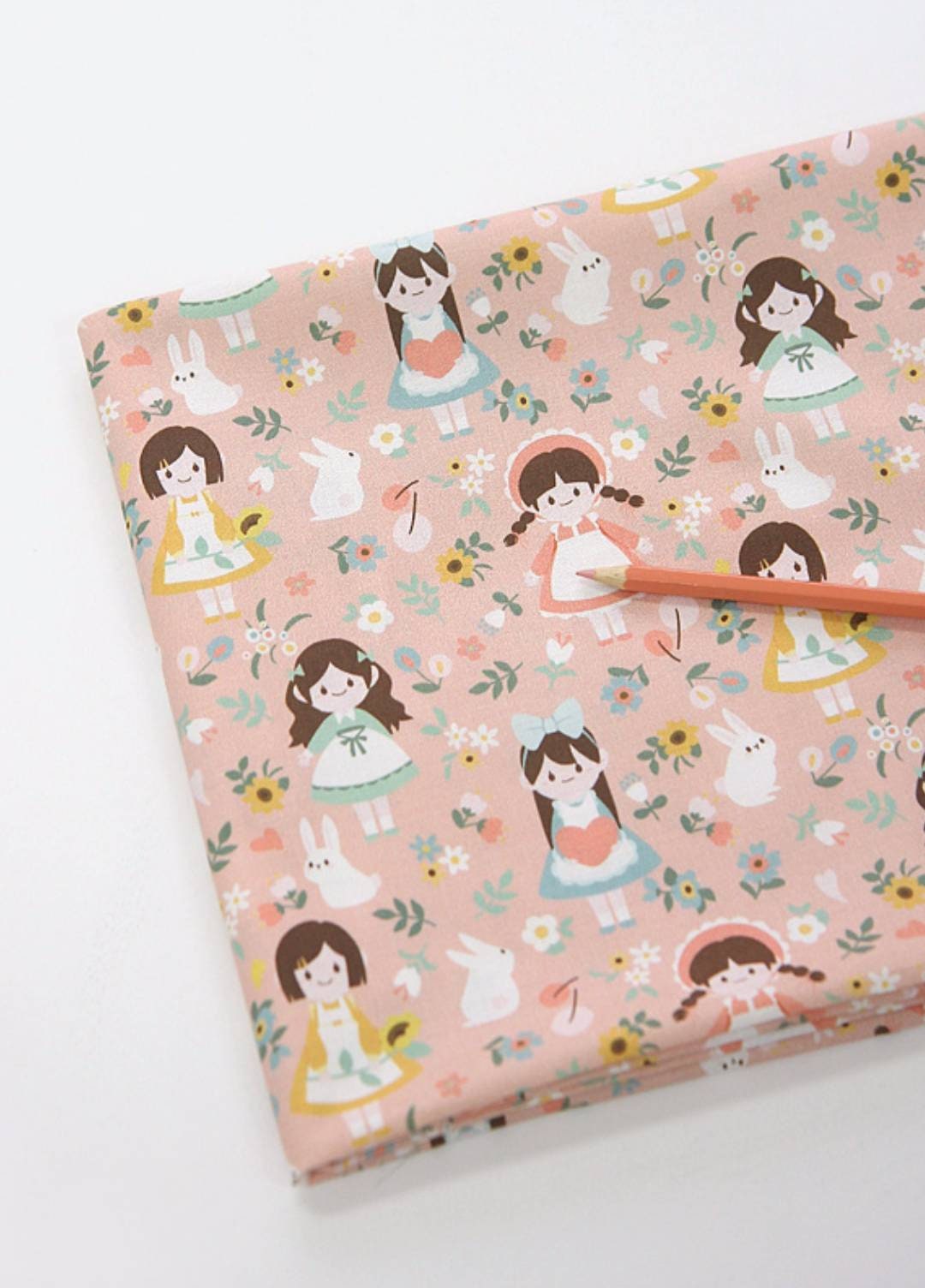 Girls Rabbit Flower Patterned Fabric, Cute, Kids, Sewing, Quilt made in Korea by Half Yard