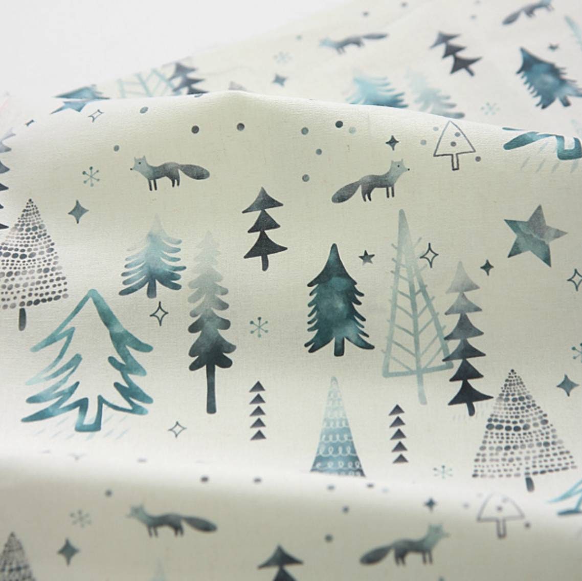 Winter Forest Tree Fox patterned Fabric made in Korea by the Half Yard / 45 X 140cm 18" X 56", Cotton Linen