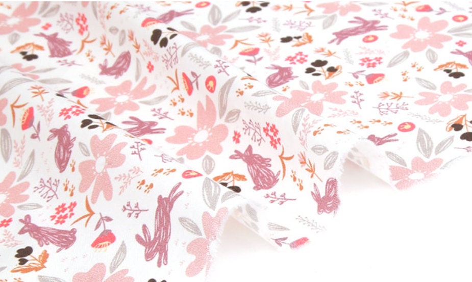 Meadow Flowers Rabbit Bunny Patterned Fabric made in Korea by Half Yard Digital Textile Printing