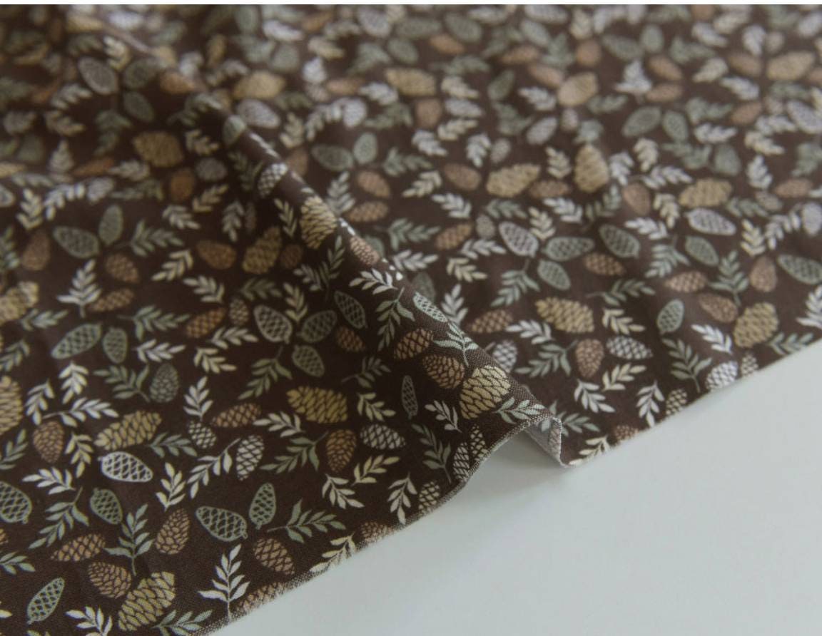 Pine Cones Spruce Cones Pine Leaves Branch patterned Fabric made in Korea by the Half Yard