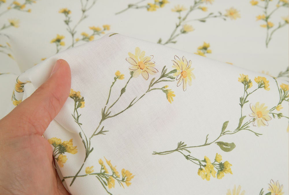 Yellow Floral patterned Fabric, Flowers Fabric made in Korea by the Half Yard