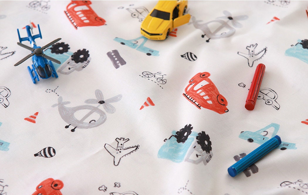 Airplane Helicopter Vehicles Toy Patterned Fabric, Cute, Kids, Sewing, Quilt made in Korea by Half Yard