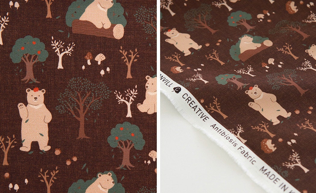 Bear Hedgehog Forest Fabric printed in Korea by the Half Yard