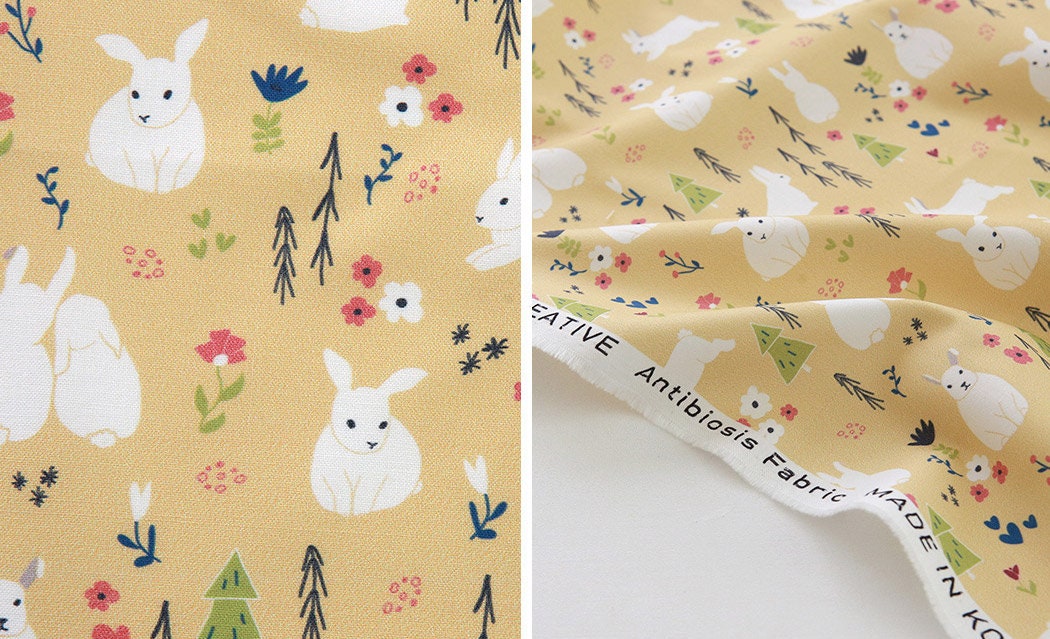 Cute Rabbit Bunny Flower Garden Patterned Fabric, Cute, sewing, Quilt made in Korea by the Half Yard