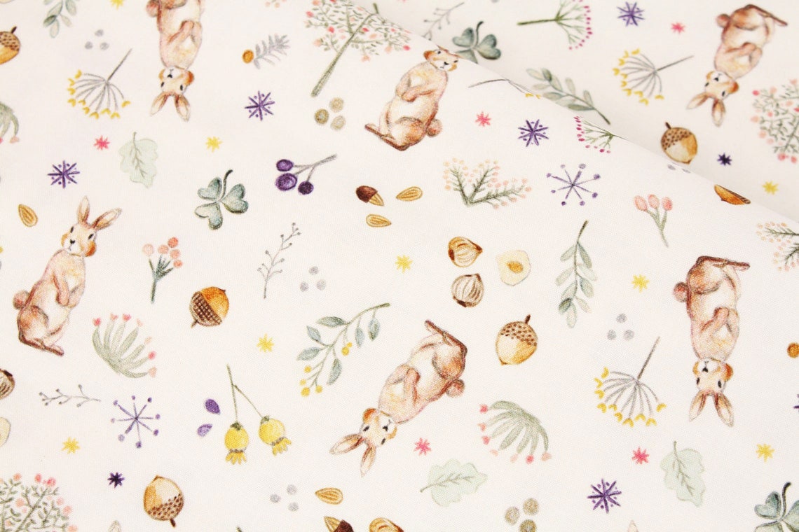 Rabbit Bunny Acorn printed Antibiosis Fabric made in Korea by the Half Yard