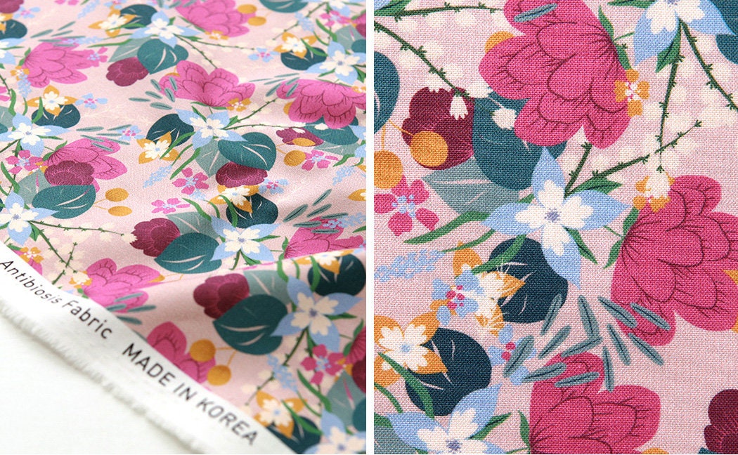 Water Lily Lotus Flower Patterned Fabric made in Korea by the Half Yard