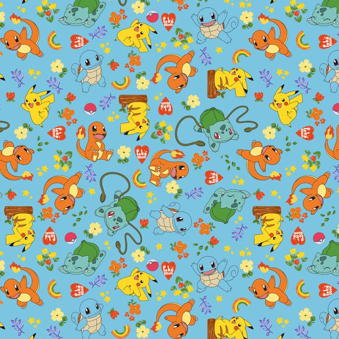 Pocket Monster, Pokemon Friends World Pikachu, Bulbasaur, Charmander, Squirtle Patterned Fabric made in Korea by the Half Yard