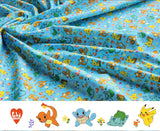 Pocket Monster, Pokemon Friends World Pikachu, Bulbasaur, Charmander, Squirtle Patterned Fabric made in Korea by the Half Yard