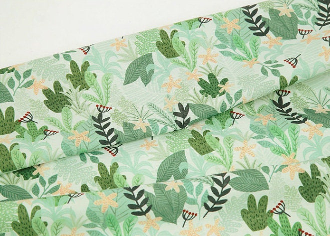 Flower Leaves Green Nature Floral patterned OEKO-TEX® Fabric, Floral Fabric made in Korea by the Half Yard