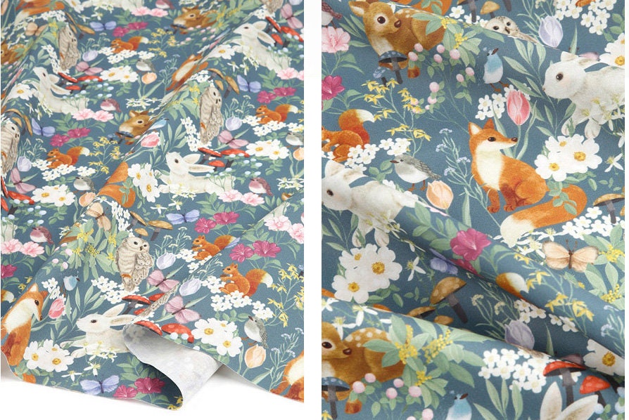 Fairy Tale Deer Rabbit Fox Owl Animal Patterned OEKO-TEX® Fabric, Made in Korea by the Half Yard