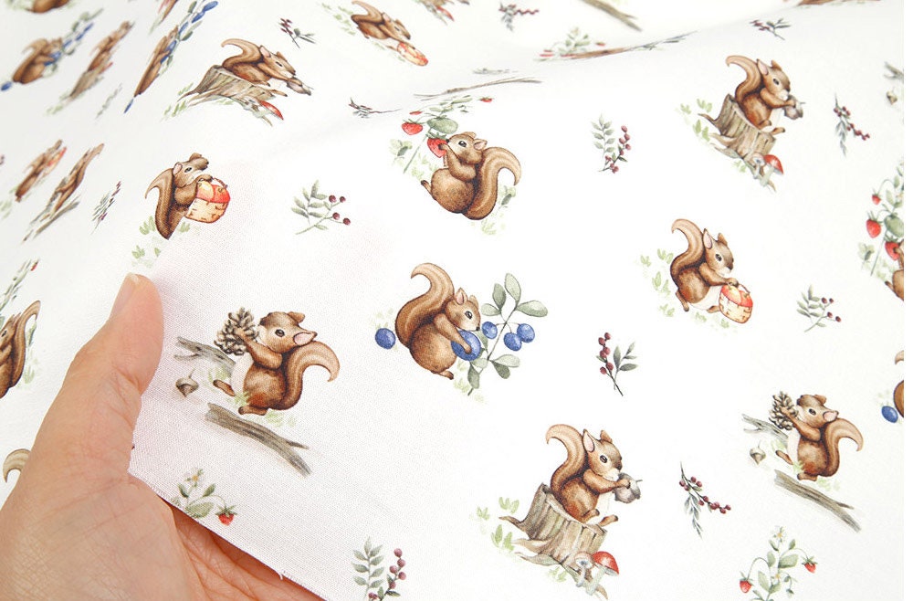 OEKO-TEX Acorns with Squirrel Animal Patterned Fabric made in Korea by the Half Yard